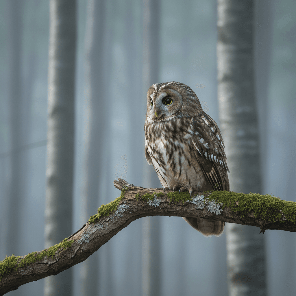 Allocco (Strix aluco) appollaiato su un ramo di faggio in un bosco italiano al crepuscolo