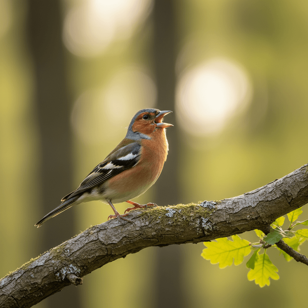 Fringuello maschio (Fringilla coelebs) mentre canta su un ramo alto al mattino di primavera