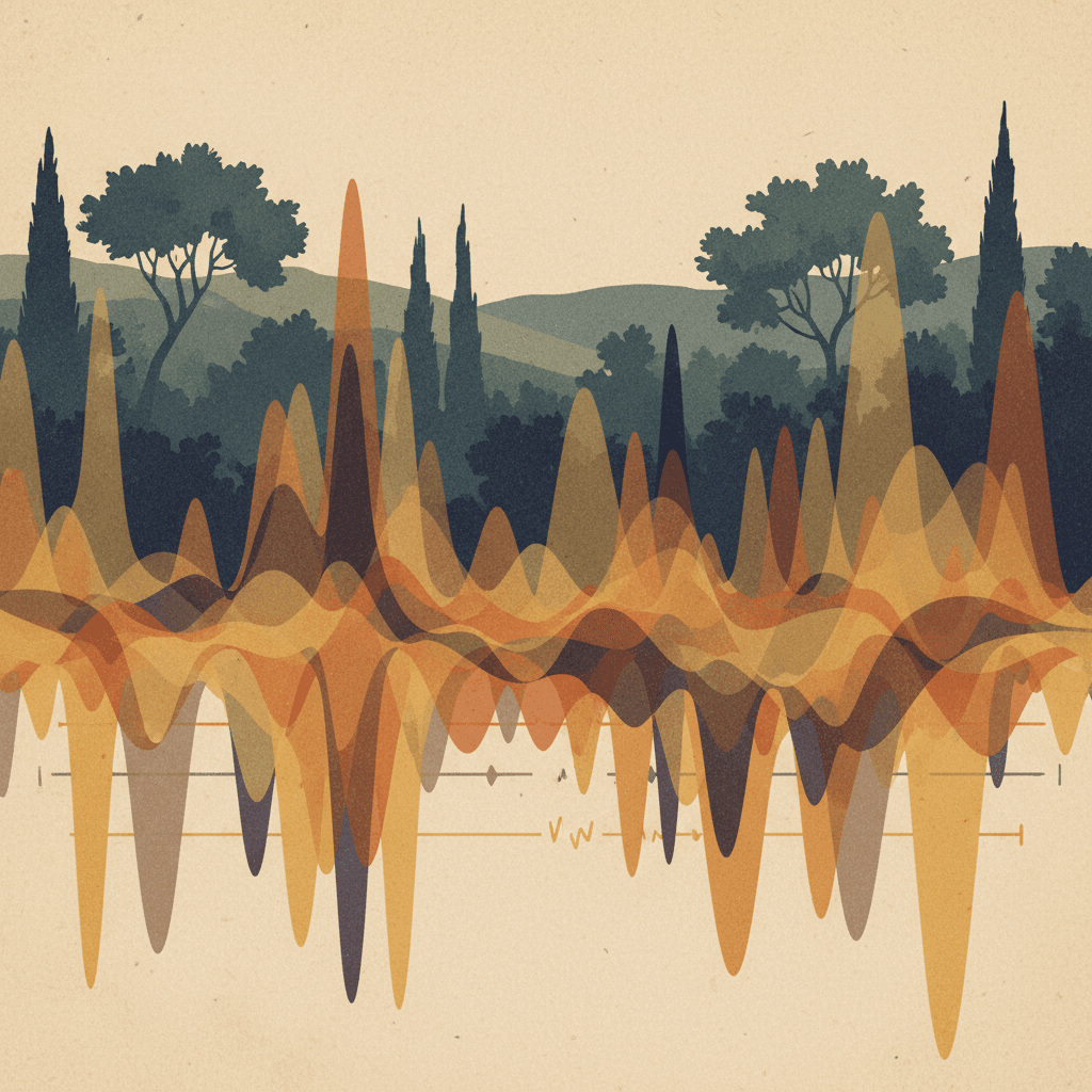 Rappresentazione astratta di onde sonore o uno spettrogramma che mostra i complessi richiami di uccelli notturni, con uno sfondo di foresta scura. Sottolinea i pattern di frequenza.