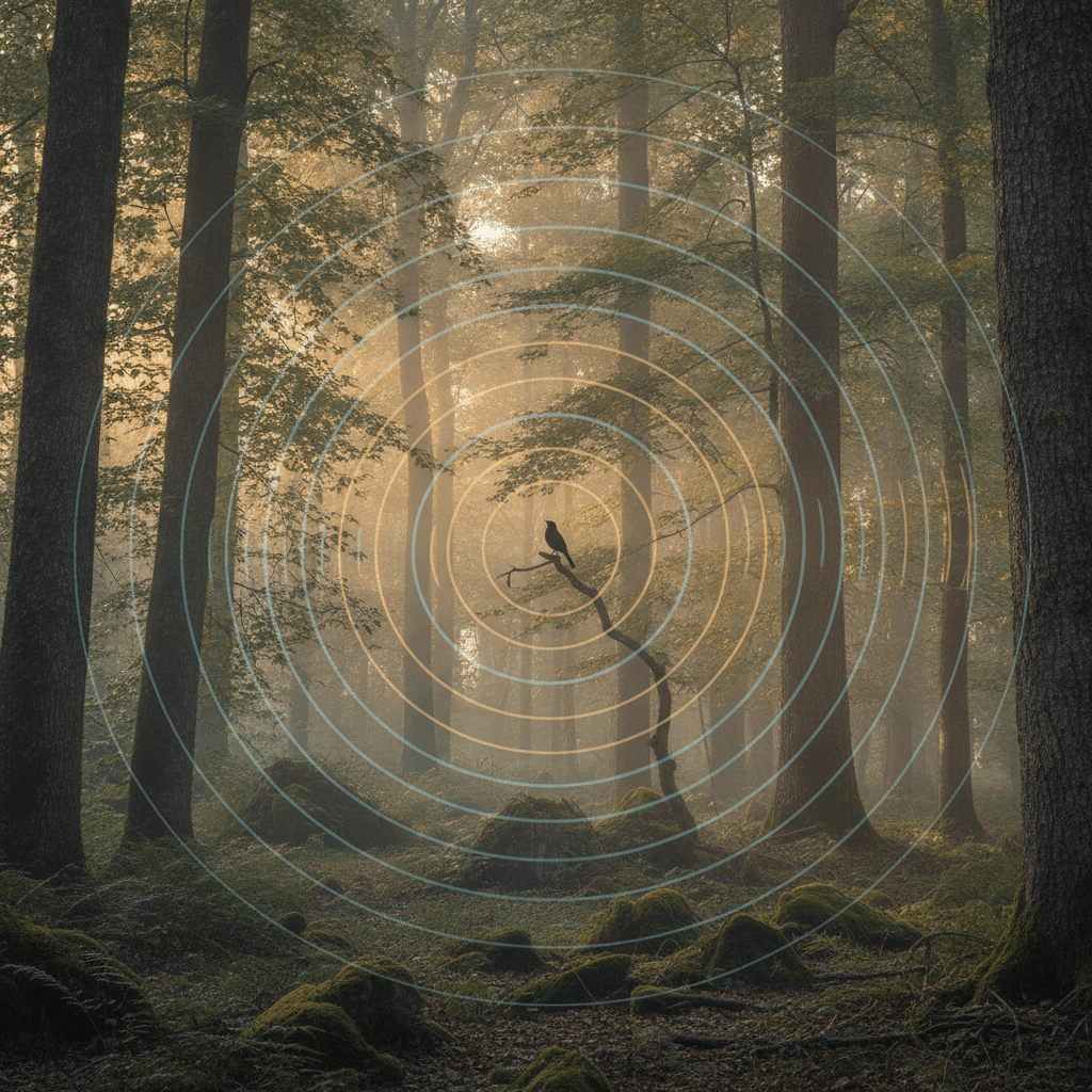 Un paesaggio forestale sereno all'alba, con luce soffusa che filtra tra gli alberi e leggere increspature astratte nell'aria che evocano un'atmosfera acustica.