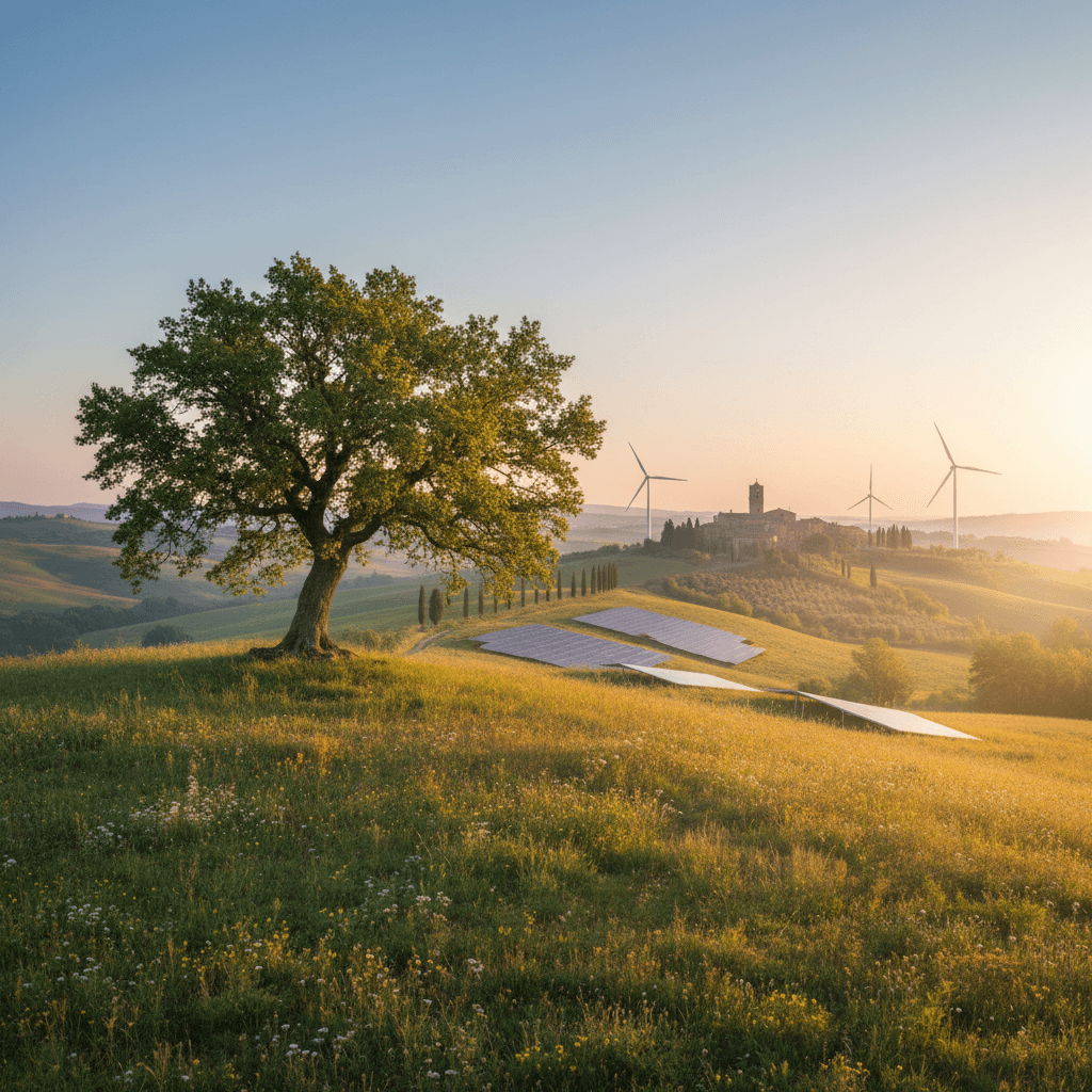 Un'antica quercia solitaria e maestosa su una collina, simbolo di biodiversità e resilienza, con sullo sfondo le dolci colline della campagna italiana e un piccolo borgo storico al sorgere del sole.