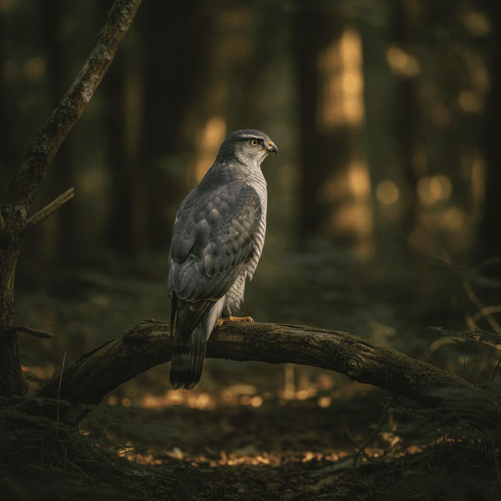 Un Astore (Accipiter gentilis) posato su un ramo in una fitta foresta antica, con la luce del sole che filtra attraverso le foglie, il rapace è in allerta.