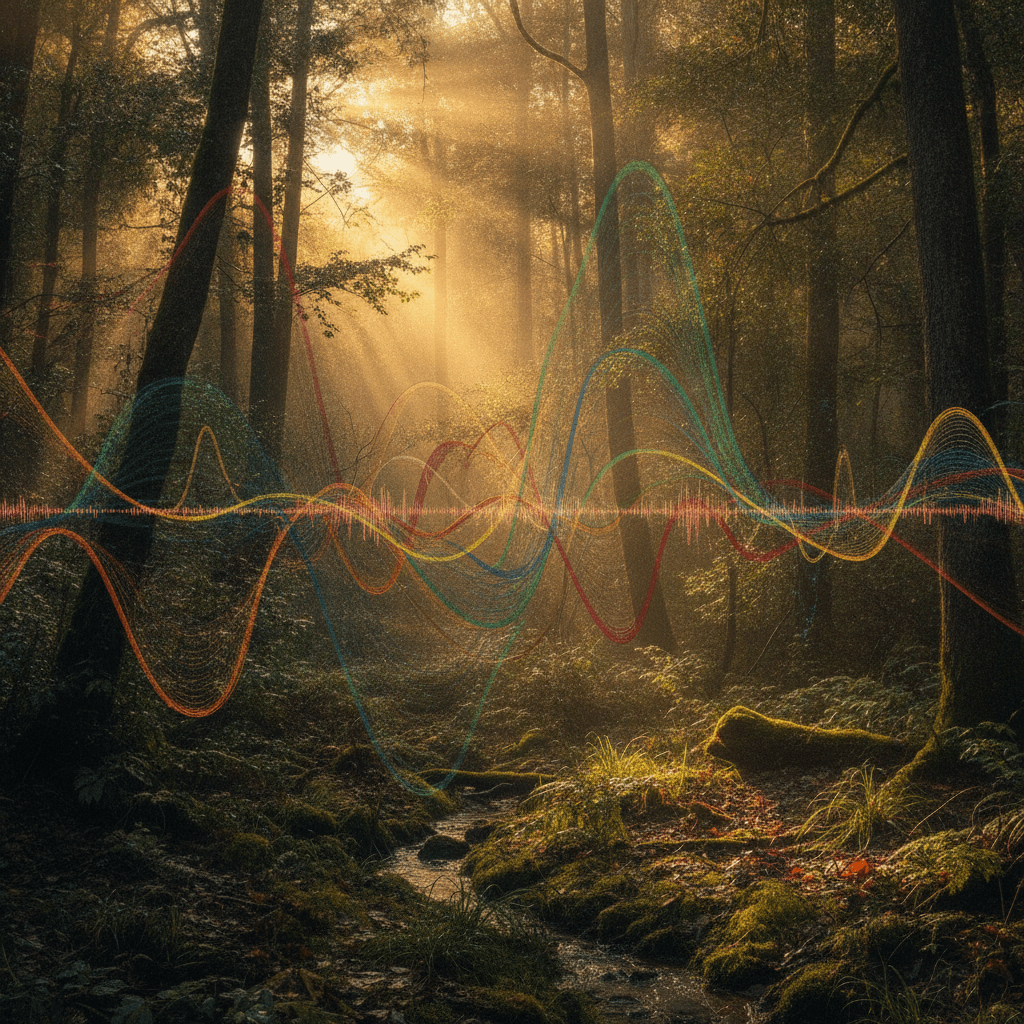 Spettrogramma astratto con vocalizzazioni complesse di uccelli in un ambiente forestale, che illustra la biodiversità sonora.