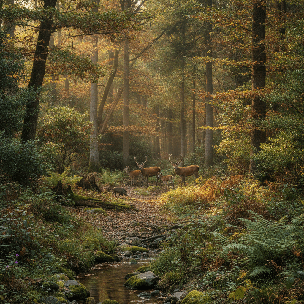Paesaggio di una foresta mista e rigogliosa in Italia, con alberi diversi e sottobosco, illuminata dalla luce del mattino.