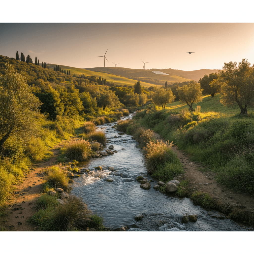 Un habitat naturale rigoglioso in Italia, con vegetazione lussureggiante, un ruscello limpido e lievi segni di fauna selvatica.