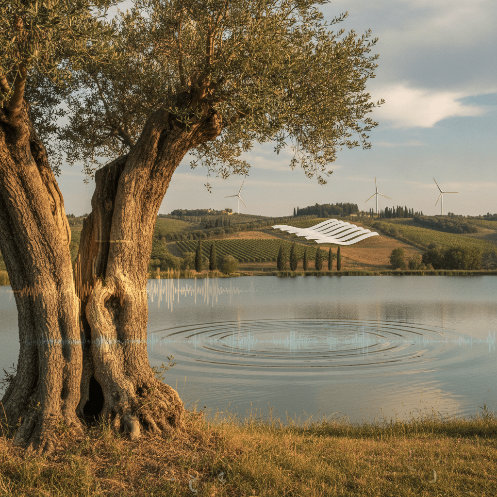 Rappresentazione astratta di onde sonore o spettrogrammi integrati in un elemento naturale, come la texture di un tronco d'albero, che evoca l'idea di dati acustici nascosti nella natura.