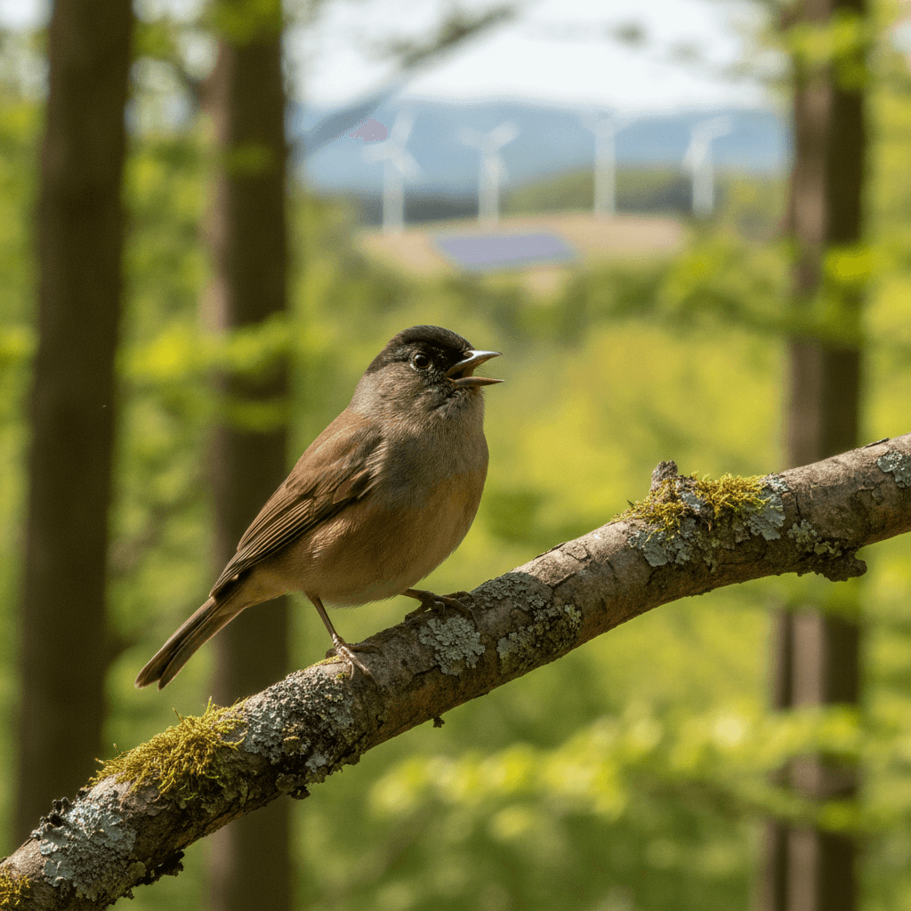 Immagine fotografica ravvicinata di una Capinera posata su un ramo in una foresta europea, circondata da fogliame sfocato, che simboleggia il monitoraggio della biodiversità.