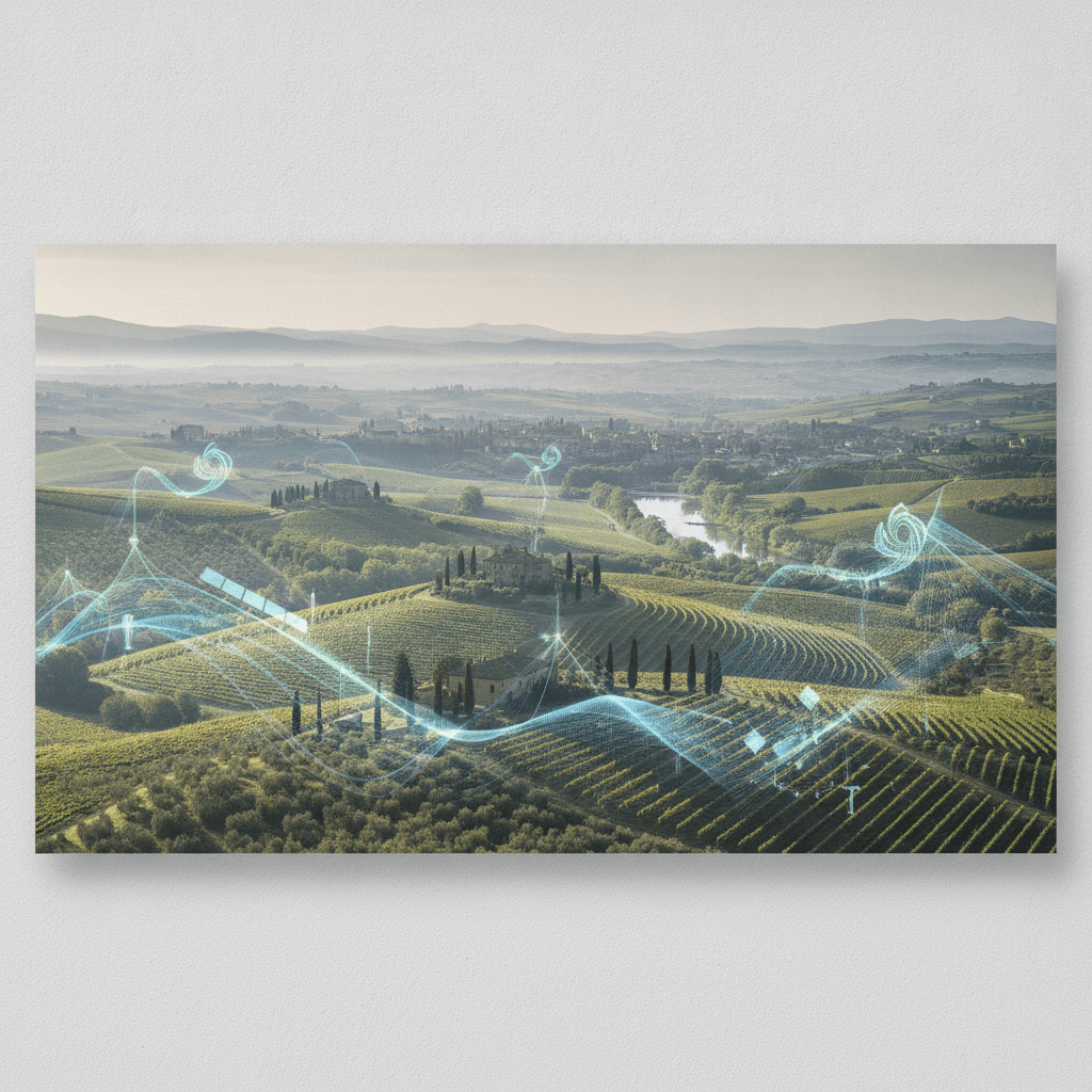 Un rigoglioso paesaggio europeo al mattino, con una leggera sovrapposizione digitale astratta che simboleggia dati e scambi economici, rappresentando l'intersezione tra natura e finanza sostenibile.