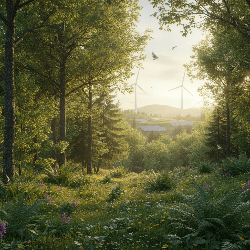 Una scena di foresta vibrante e sana all'alba, con uccelli appena visibili o suggeriti dalla luce, evocando una ricchezza acustica e la vitalità dell'ecosistema.