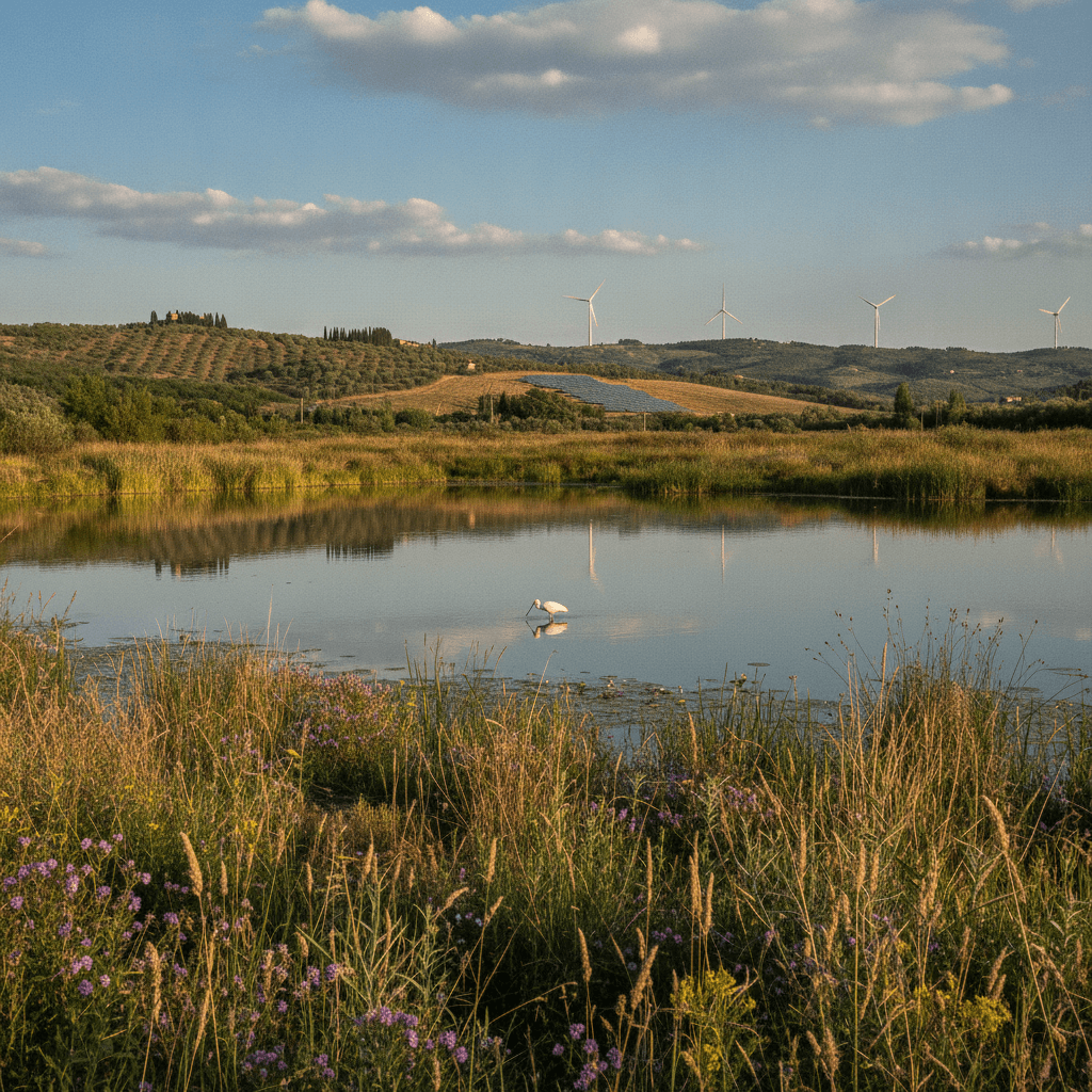 Un'area umida serena e ripristinata, con acqua limpida che riflette un cielo azzurro, vegetazione diversificata e un uccello solitario (ad esempio un Airone o una Spatola) in lontananza.