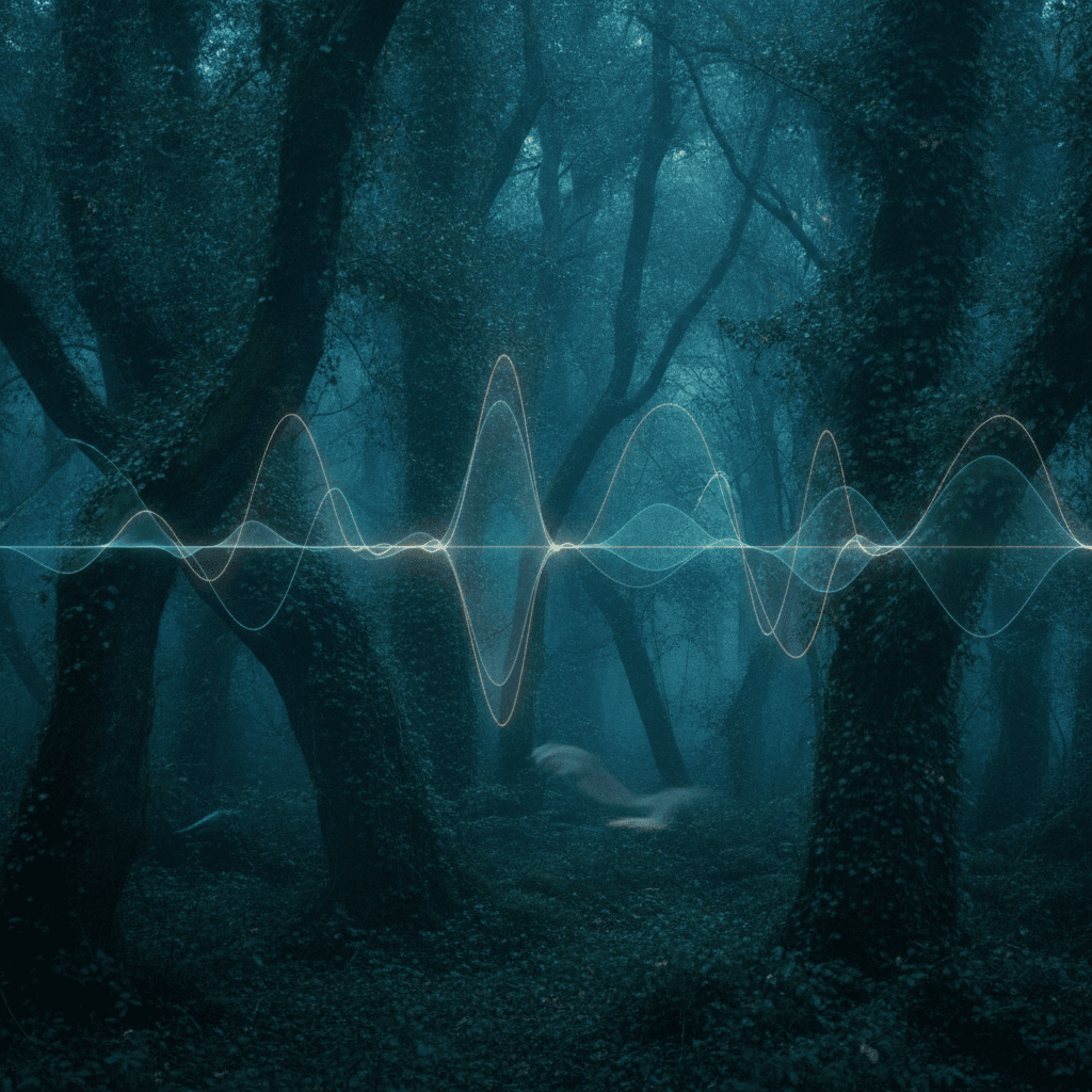 Ambiente forestale crepuscolare, con ombre profonde, che suggerisce la presenza discreta di un predatore come il Lupo.