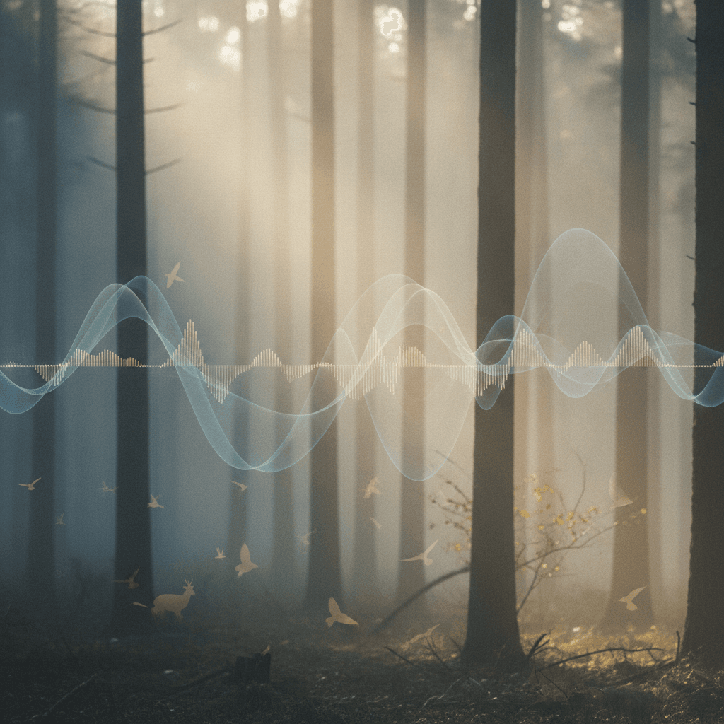 Un paesaggio naturale sereno all'alba, con luce soffusa che filtra tra alberi e nebbia, evocando ricchezza acustica e risveglio della fauna selvatica.
