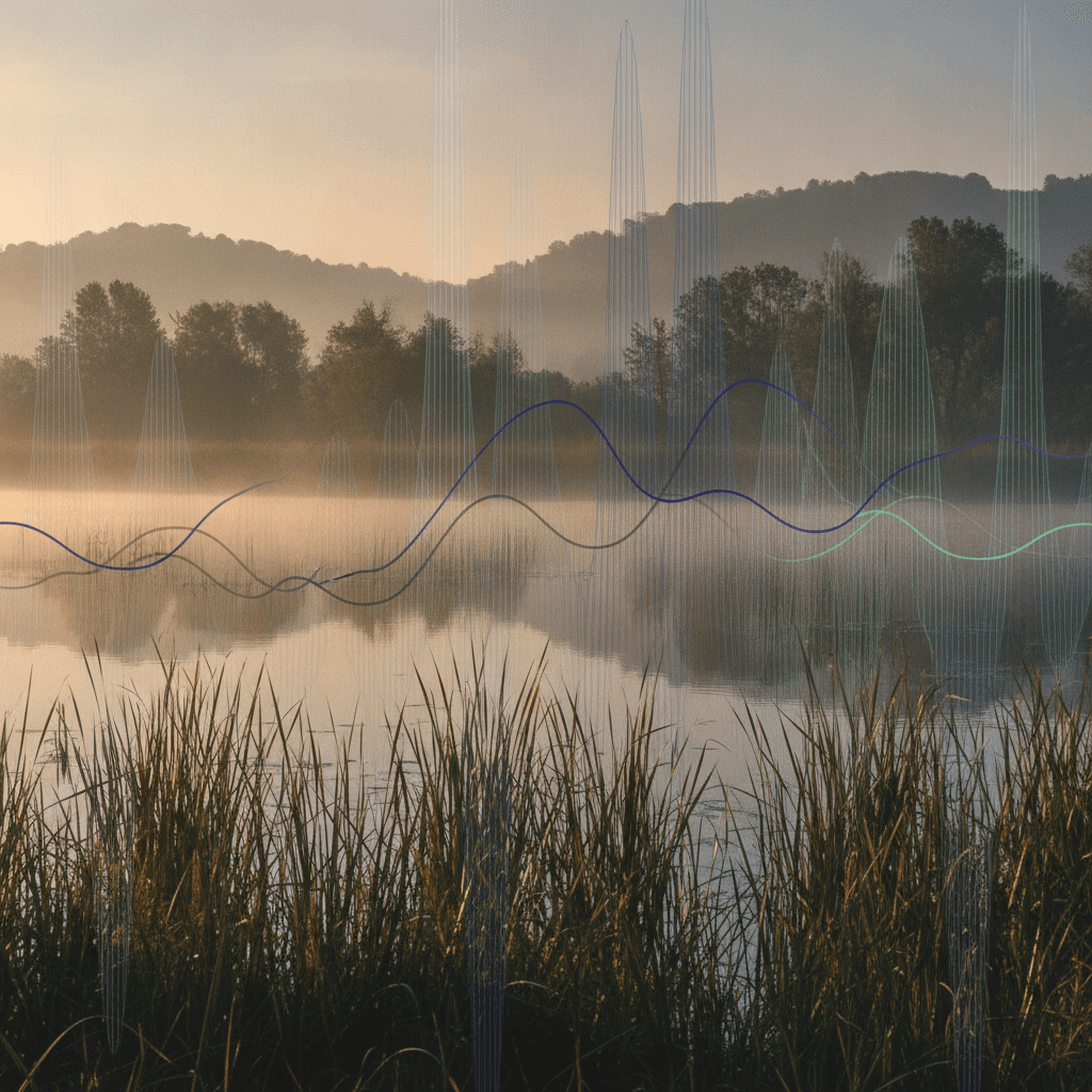 Panoramica di una serena zona umida italiana all'alba, con nebbia che si alza, canneti in primo piano e una luce dorata.