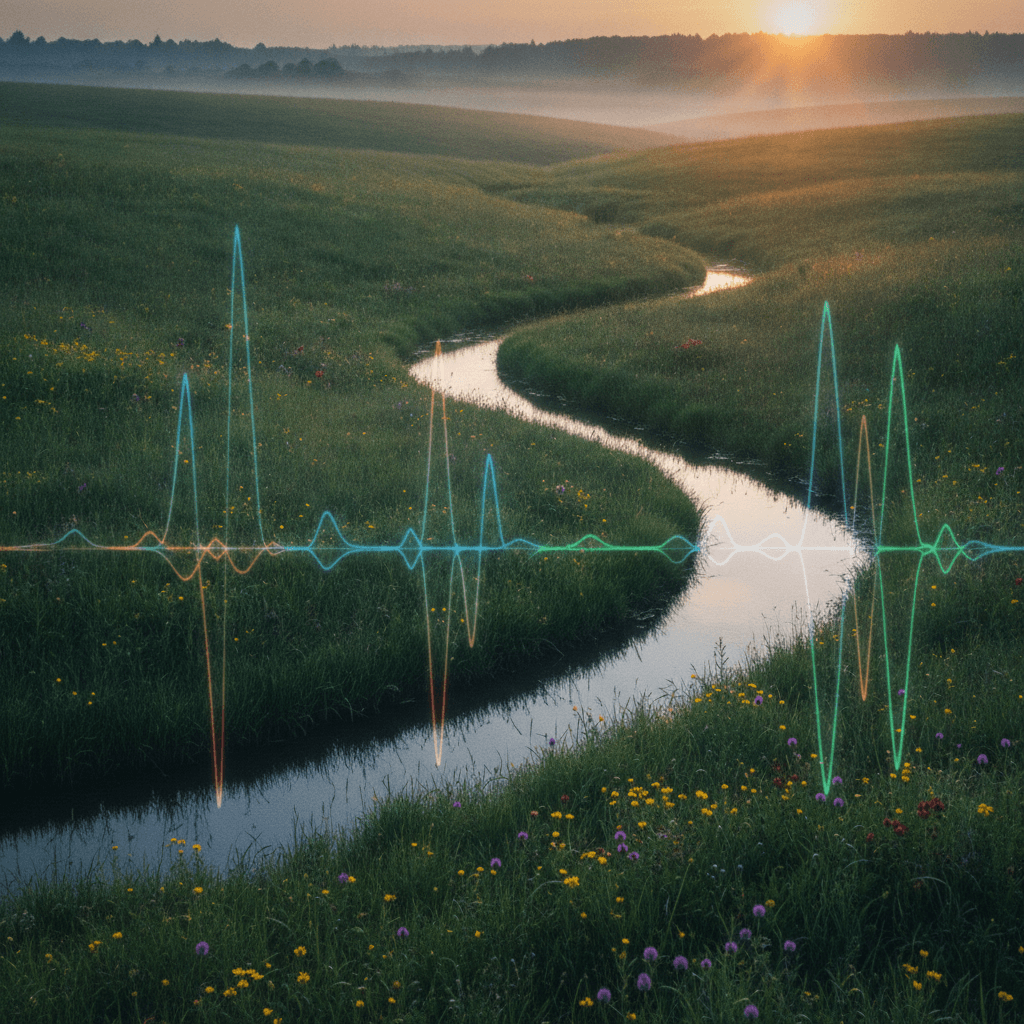 Un prato verde vibrante nella campagna italiana al tramonto, con un piccolo ruscello che lo attraversa, evocando pace e biodiversità.