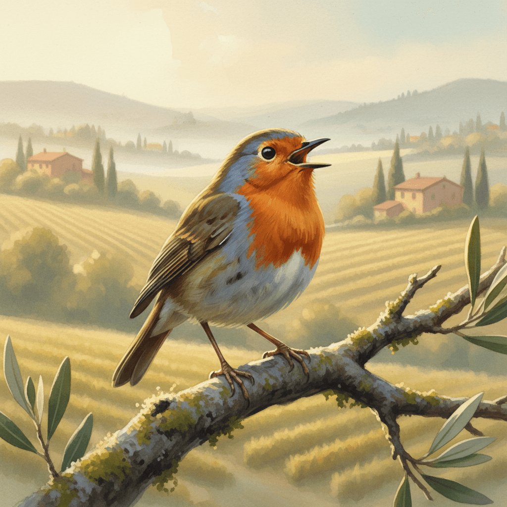 Un Pettirosso europeo canta su un ramo, con uno sfondo sfocato che mostra un paesaggio rurale italiano all'alba.