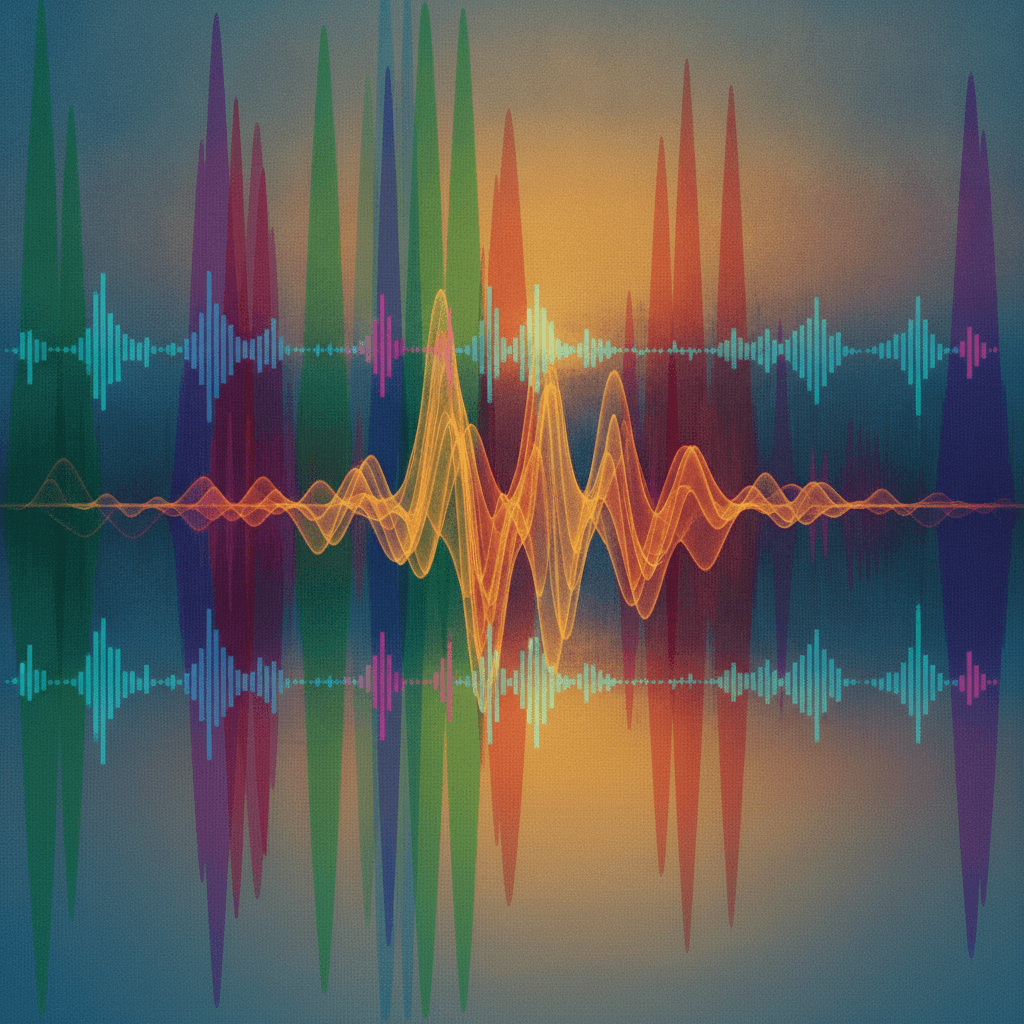 Uno spettrogramma astratto e colorato che mostra i richiami complessi di uccelli palustri, con il canto flautato del Chiurlo maggiore in evidenza.