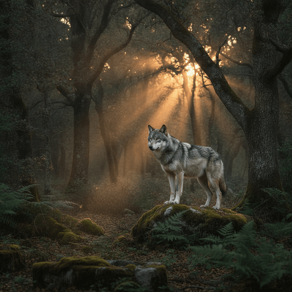 Un maestoso lupo grigio in piedi e attento in una fitta foresta antica italiana al crepuscolo, con luce soffusa che filtra tra gli alberi.