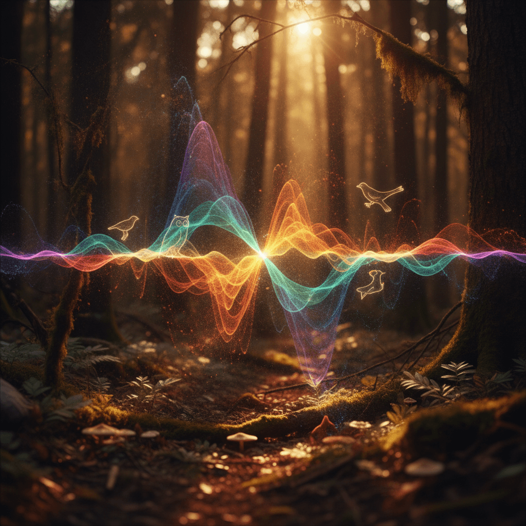 Rappresentazione astratta di un paesaggio sonoro forestale, con pattern visivi che richiamano vocalizzazioni animali e un'estetica da spettrogramma.