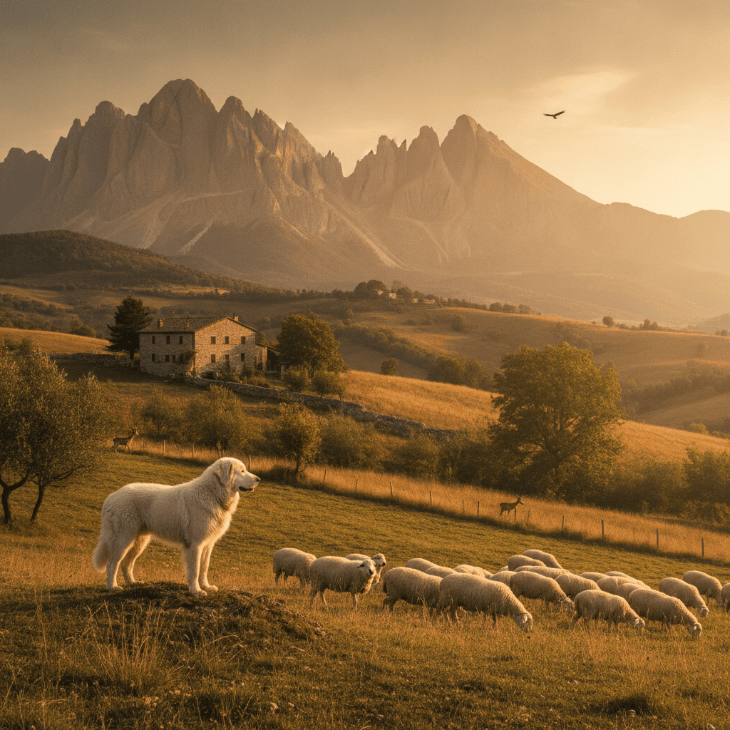Un paesaggio montano italiano con pecore al pascolo protette da un pastore maremmano, simbolo di coesistenza.