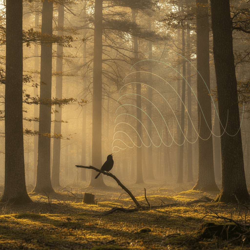 Un'alba serena in una foresta, luce filtrata tra gli alberi, con onde sonore astratte integrate nell'atmosfera, evocando un risveglio naturale.