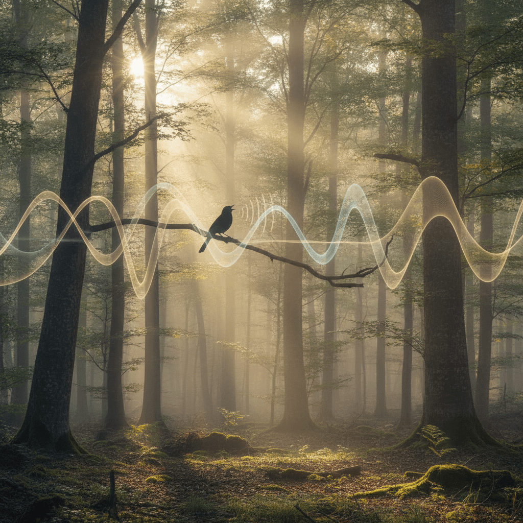 Una pacifica scena forestale all'alba, con una luce soffusa che filtra tra gli alberi. L'immagine evoca la presenza del suono attraverso sottili increspature nell'aria, rappresentando visivamente le onde sonore che si fondono con la natura.