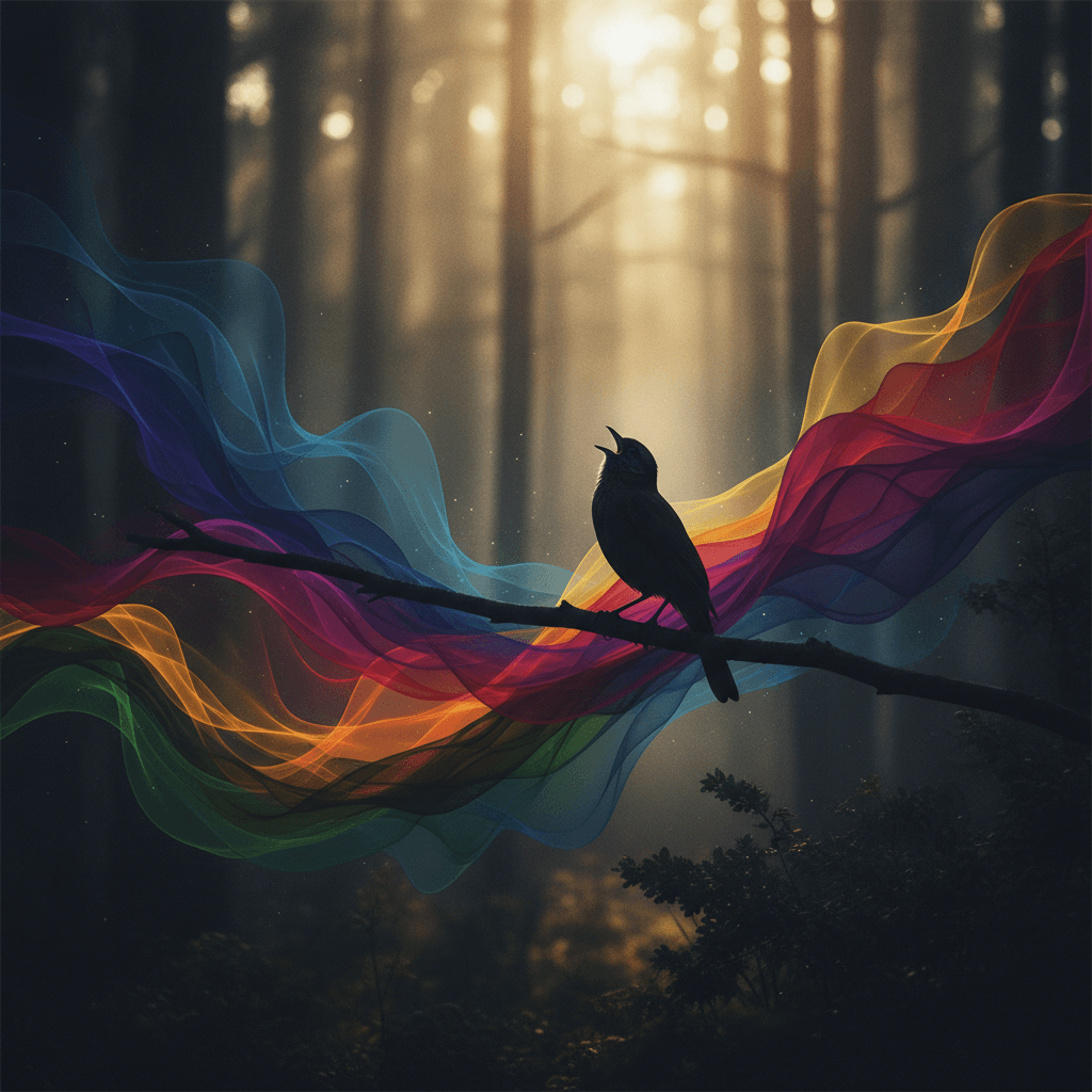 Uno spettrogramma astratto e colorato che visualizza richiami di uccelli e suoni di insetti in una foresta vibrante, con colori ricchi che suggeriscono complessità e attività acustica.