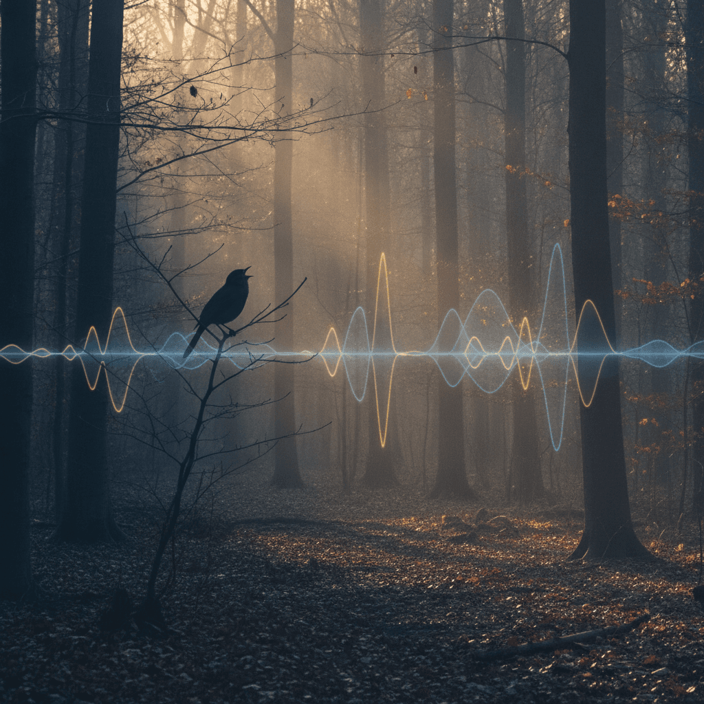 Un paesaggio palustre tranquillo e ricco di biodiversità al tramonto, con diverse specie di uccelli in silhouette contro il cielo, evocando un ambiente acustico ricco e naturale.