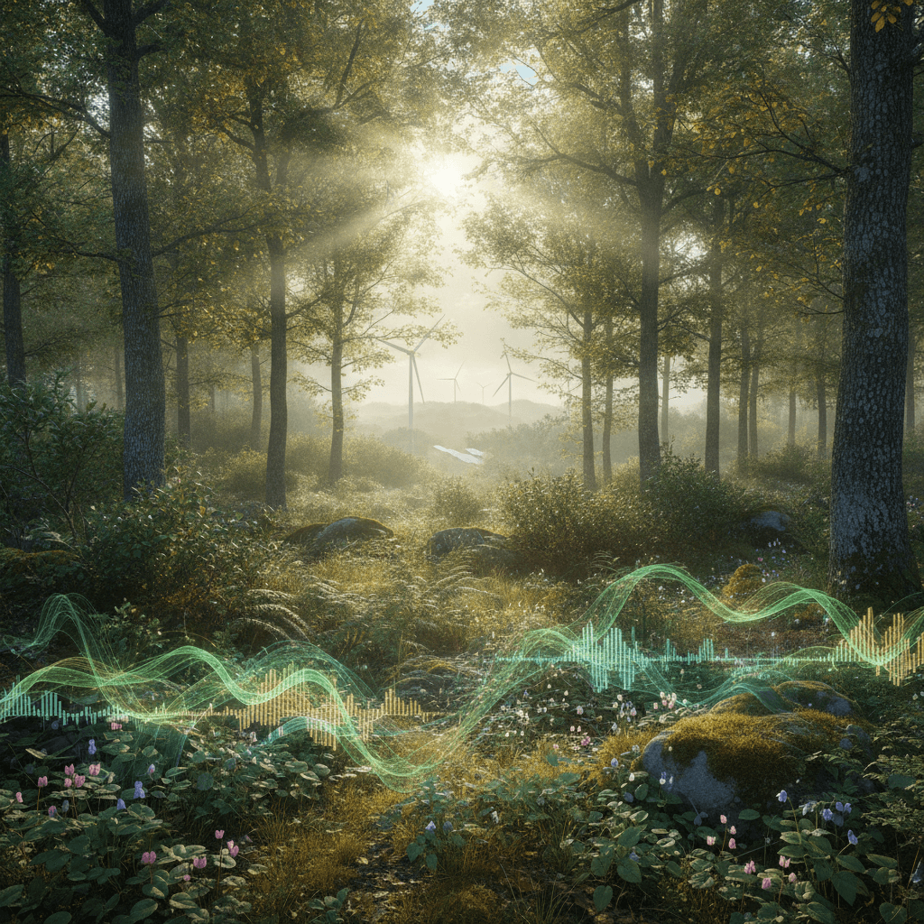 Foresta italiana all'alba con luce soffusa, che simboleggia la ricchezza della biodiversità e la presenza invisibile delle sue voci.