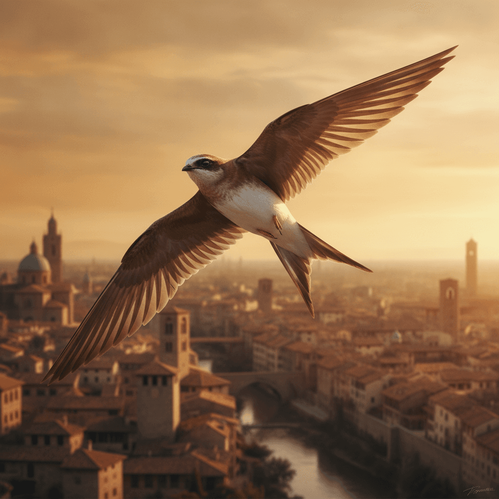 Un Rondone maggiore in volo al tramonto sopra il profilo di una città storica europea, con le ali illuminate dalla luce calda.