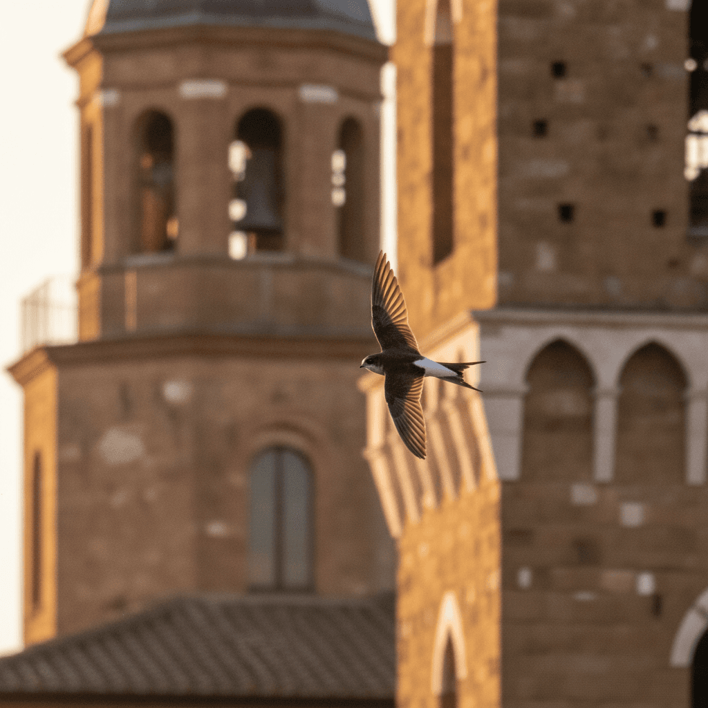 Un Rondone maggiore in volo dinamico vicino a un antico campanile in una città italiana, illuminato dalla luce del tramonto.