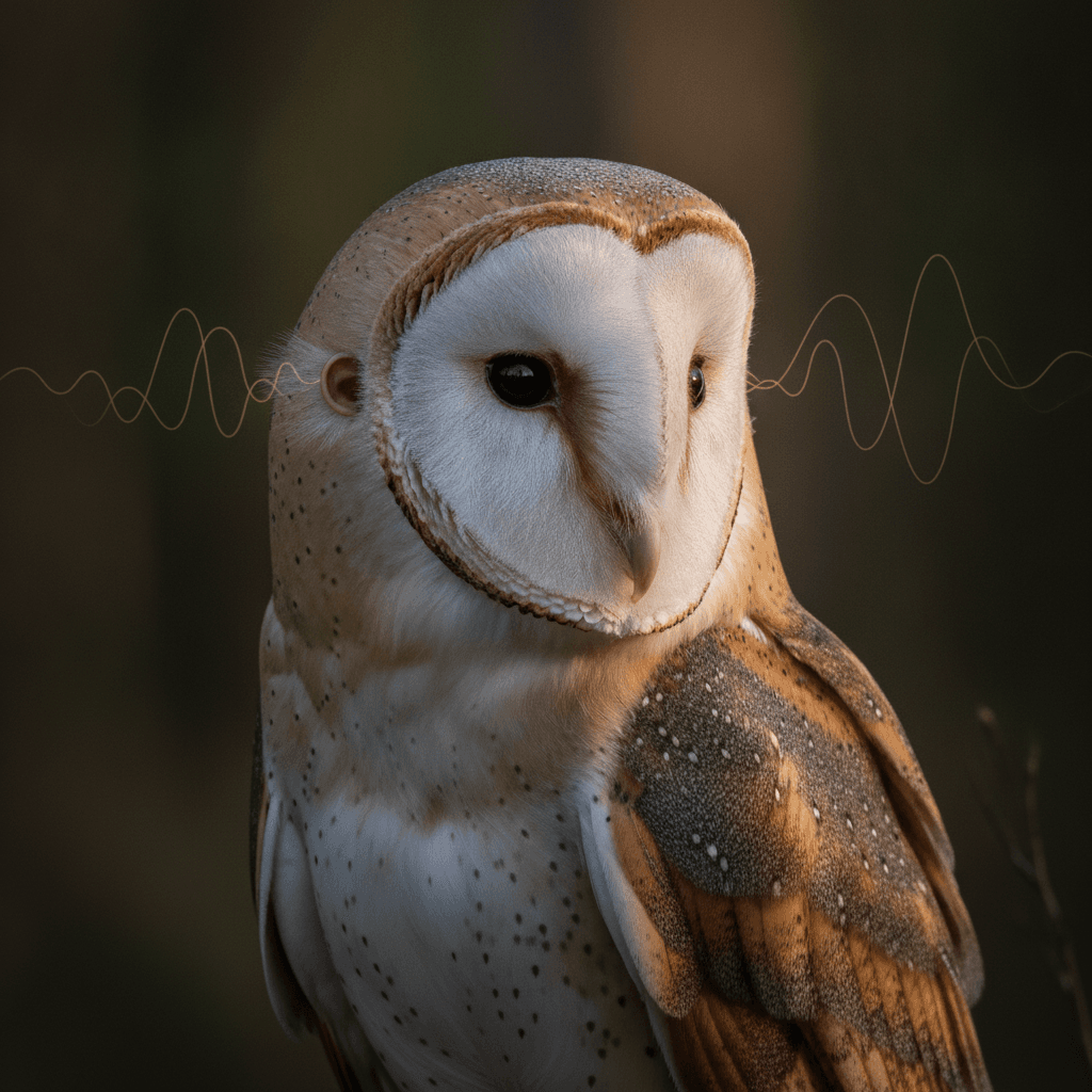 Un primo piano fotografico di un Barbagianni (Tyto alba) al crepuscolo in una foresta, con il disco facciale ben visibile e un'apertura auricolare leggermente evidenziata, mentre ascolta intensamente.