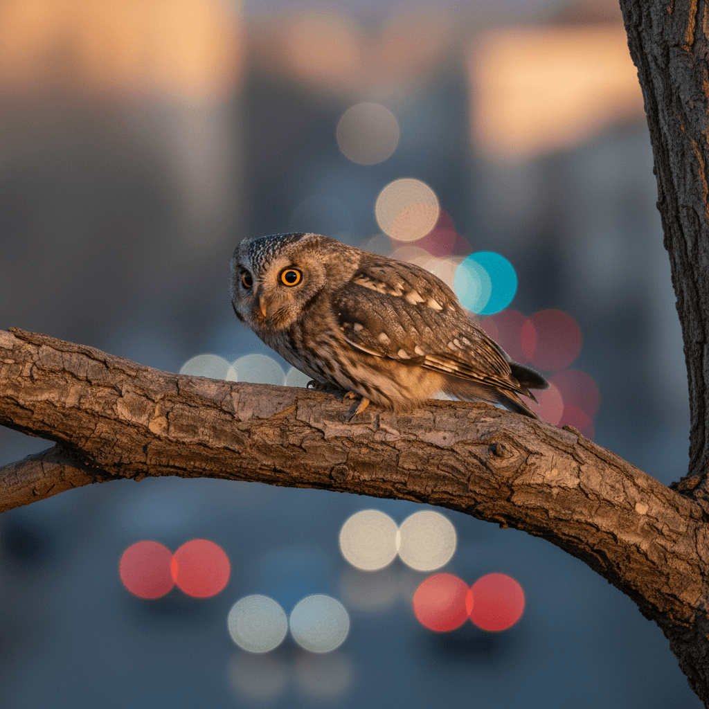 Un Assiolo (Otus scops) appollaiato su un ramo al crepuscolo, con la sua mimetica piuma che si confonde con la corteccia dell'albero. Sfondo sfocato di luci urbane.