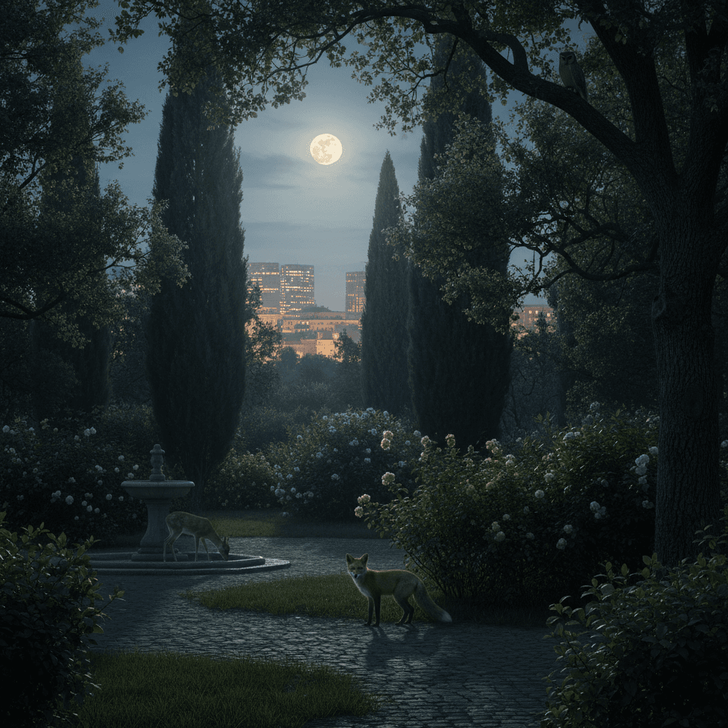 Paesaggio notturno di un parco urbano italiano o un giardino suburbano, con alberi alti e vegetazione densa, illuminato dalla luna e da lontane luci della città. Atmosfera tranquilla.