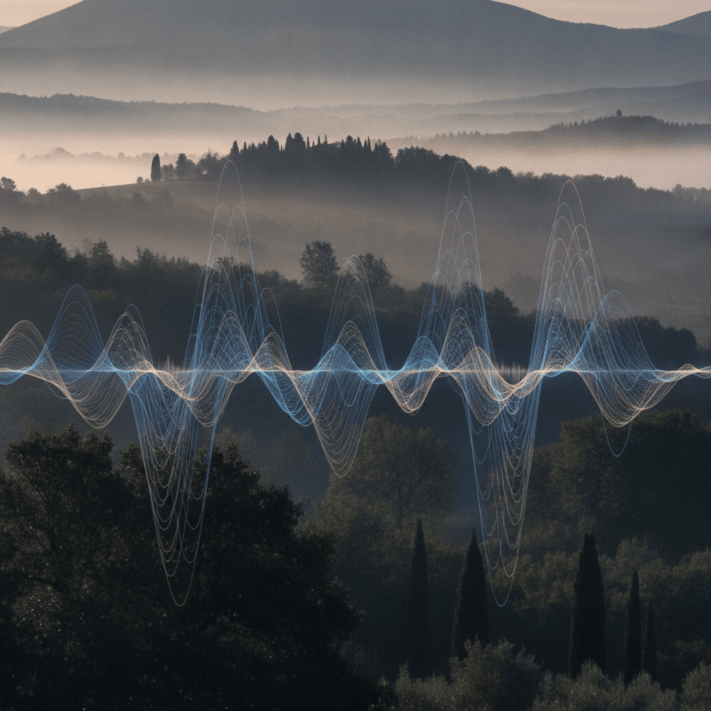 Un paesaggio rurale italiano all'alba, con dolci colline, alberi sparsi e montagne lontane, immerso in una luce soffusa che evoca tranquillità e la presenza discreta della fauna selvatica.