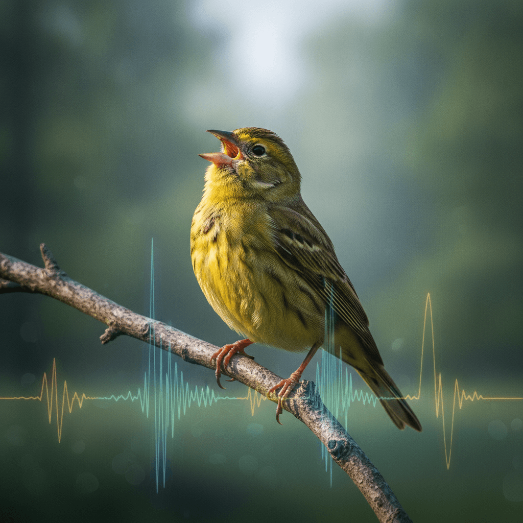 Un Voltolino (Serinus serinus) appollaiato su un ramo in un parco urbano, intento a cantare. Il fuoco è sul volatile, con il fogliame verde sfocato sullo sfondo.