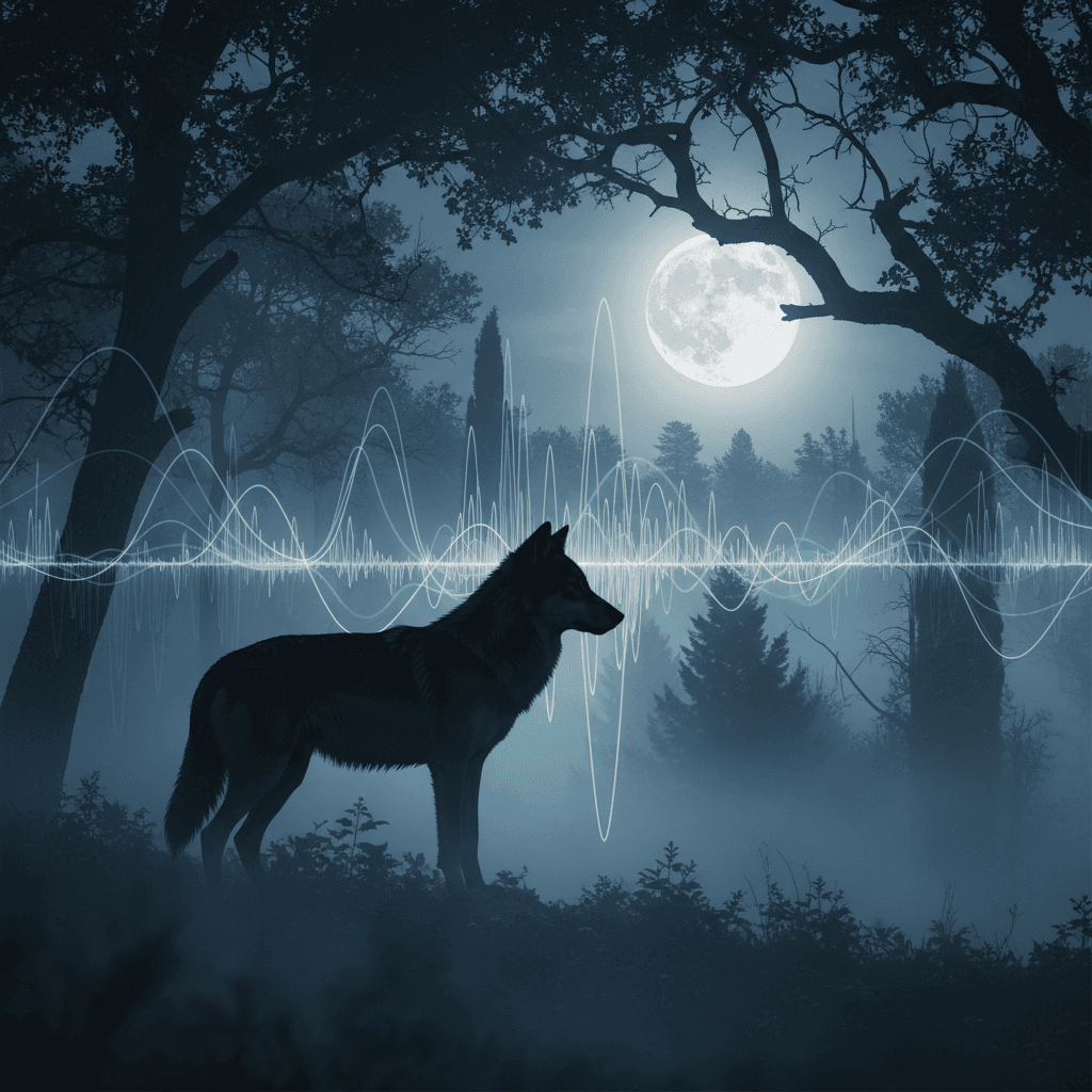 Un lupo europeo (Canis lupus) in silhouette contro il profilo di una foresta illuminata dalla luna di notte. La scena evoca mistero e natura selvaggia.