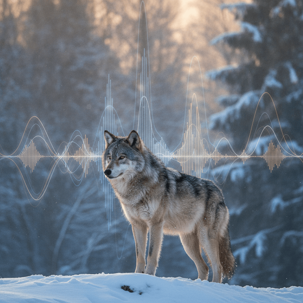 Un maestoso lupo grigio in piedi e attento al limitare di una foresta innevata al crepuscolo, con un fitto bosco italiano naturale sullo sfondo. L'atmosfera è quieta e osservante, enfatizzando la natura selvaggia e i paesaggi sonori naturali.