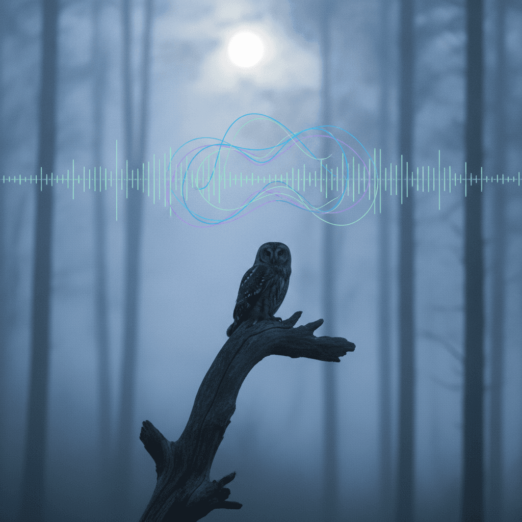 Un piccolo assiolo (Otus scops) appollaiato su un ramo di notte, in silhouette contro un cielo leggermente illuminato dalla luna. Lo sfondo mostra alberi sfocati, evocando un'atmosfera forestale notturna.