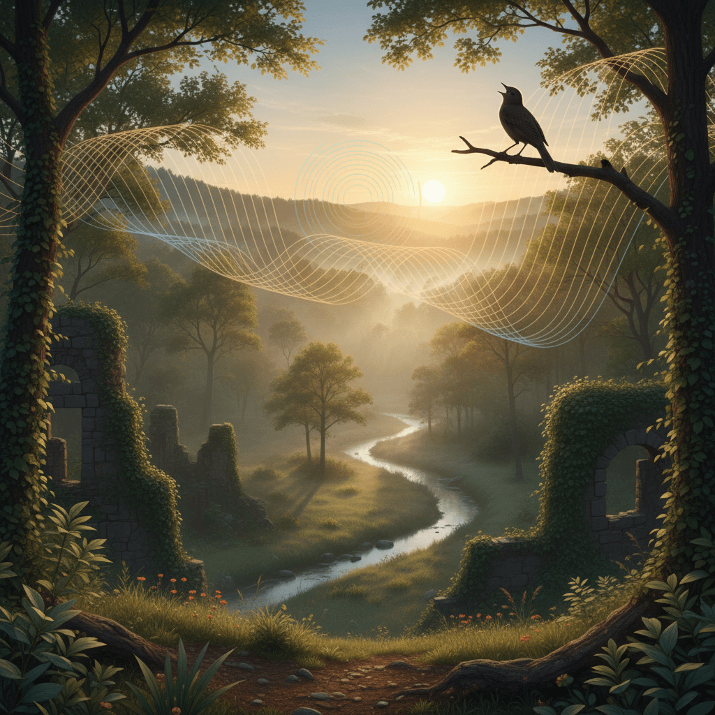 Un paesaggio naturale vibrante all'alba, con onde sonore astratte che si fondono delicatamente con la scena, evocando la ricchezza dei canti degli uccelli.