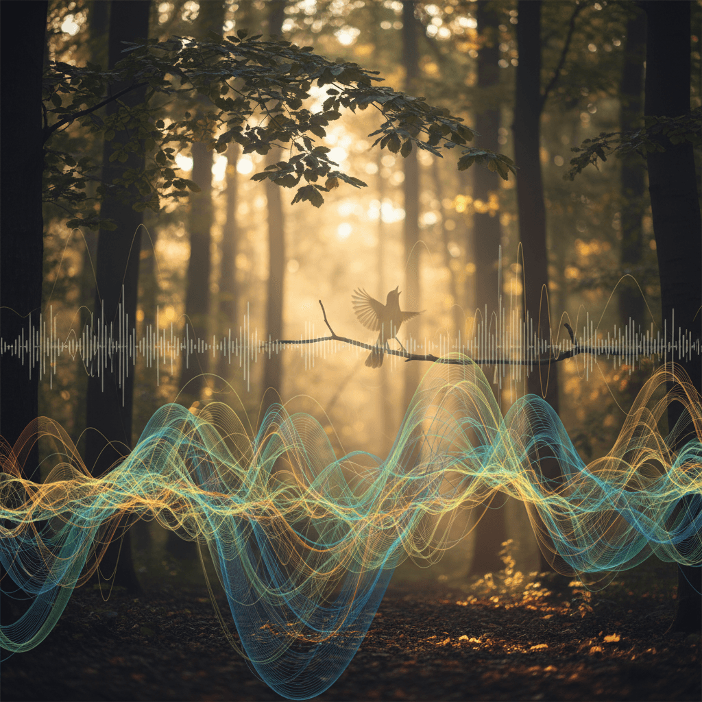 Uno spettrogramma stilizzato che mostra vocalizzazioni complesse di uccelli su uno sfondo sfocato di una chioma forestale illuminata dal sole.