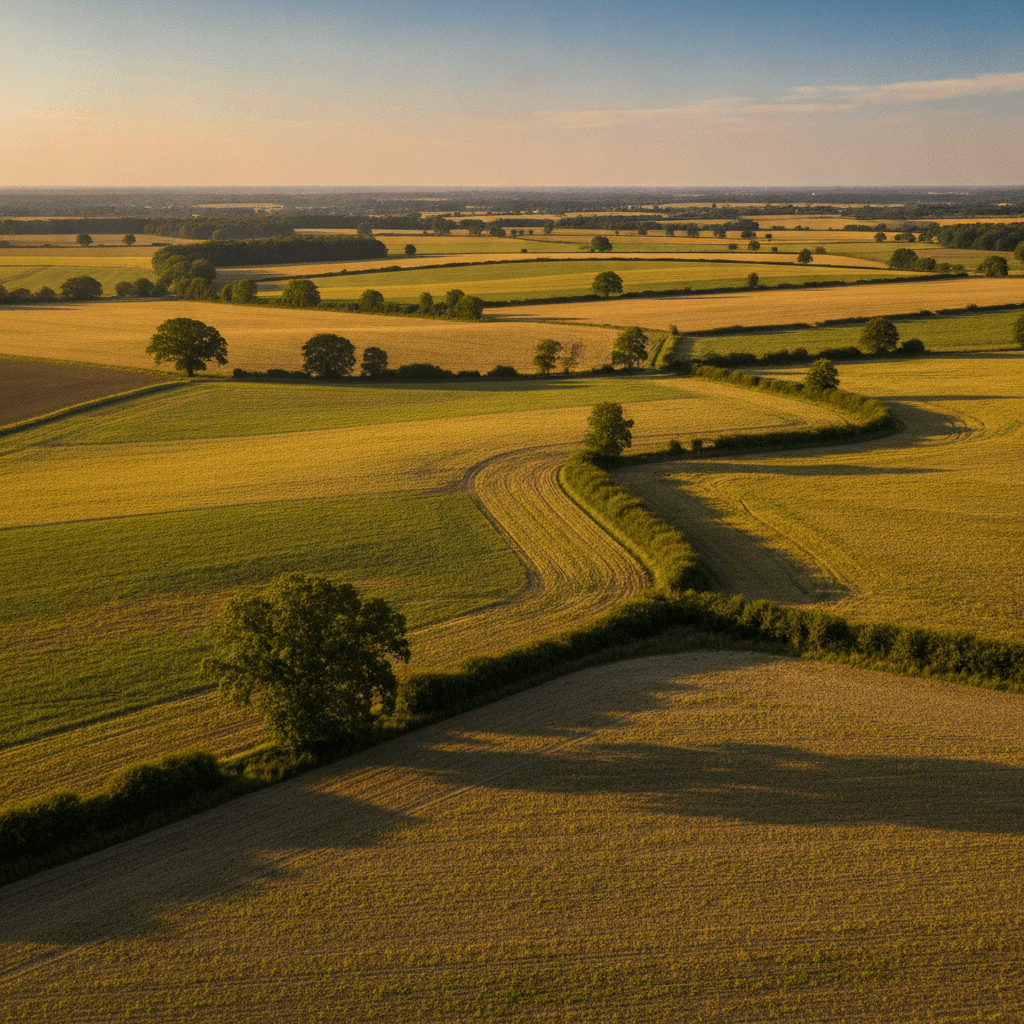 Vasto paesaggio agricolo europeo con campi a mosaico e siepi, simbolo di agroecosistemi sani.