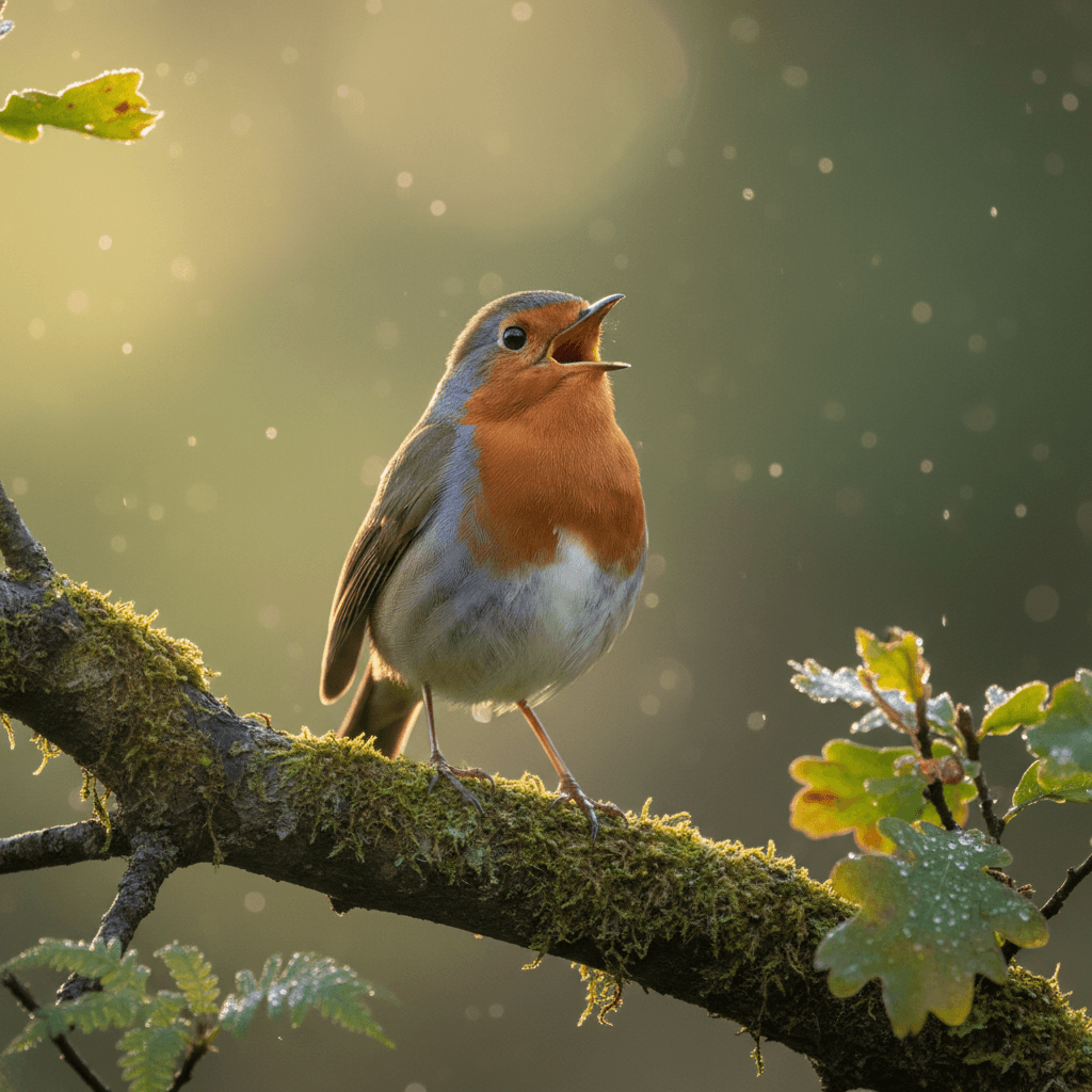Un pettirosso europeo canta su un ramo all'alba, con la luce del mattino che filtra tra le foglie e uno sfondo sfocato.