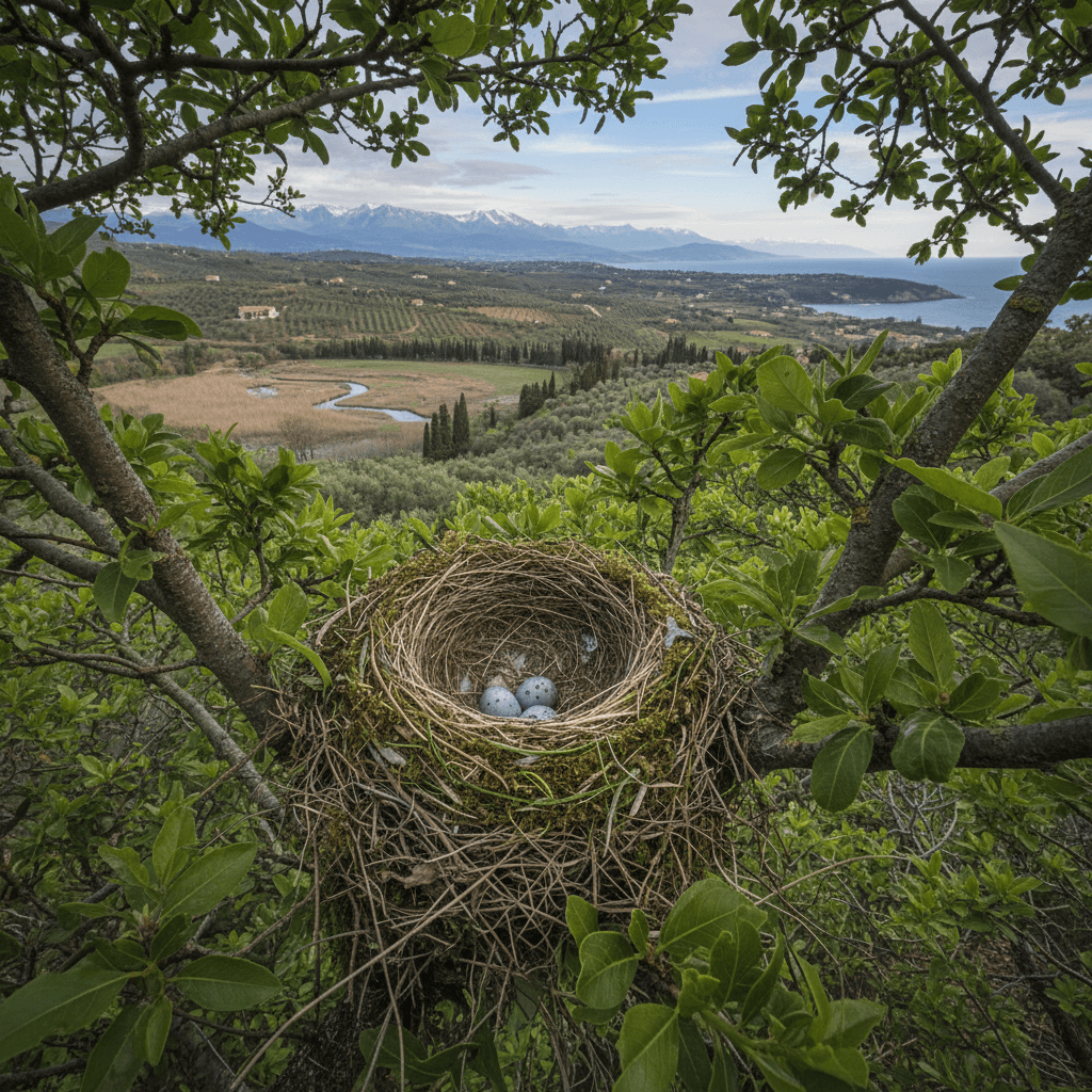 Un nido di uccelli con piccole uova azzurre tra le foglie verdi di un albero.