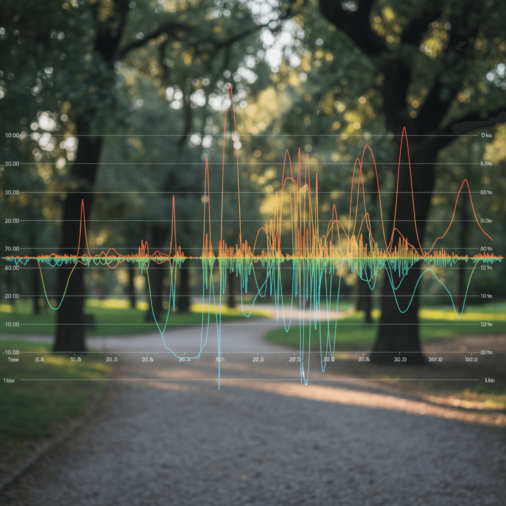 Una visualizzazione scientifica di uno spettrogramma che mostra i canti degli uccelli in un ambiente urbano.