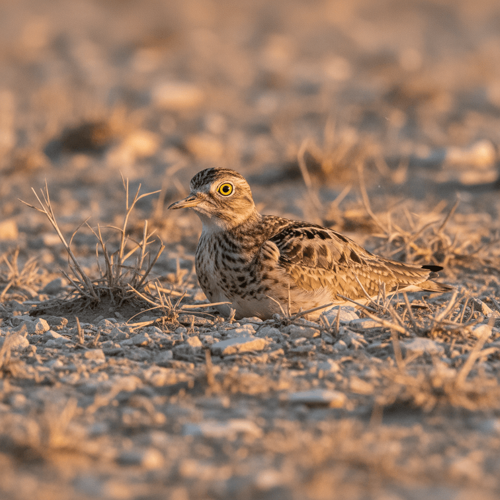 Un Occhione mimetizzato in un campo arido e sassoso al tramonto, con i suoi grandi occhi gialli che spiccano leggermente, suggerendo la sua natura notturna e la sua capacità di nascondersi nell'ambiente.