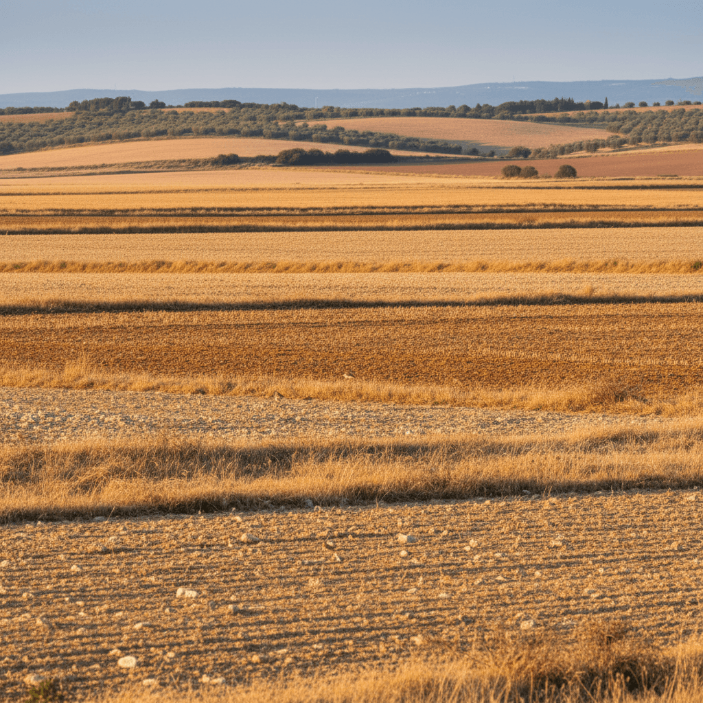 Un vasto paesaggio agricolo italiano con campi coltivati, aree incolte e colline sullo sfondo, che rappresenta l'habitat ideale per l'Occhione.