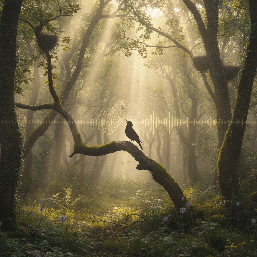 Un'immagine fotografica ad alta risoluzione di una foresta vibrante all'alba, con luce solare diffusa che filtra attraverso le foglie, evocando l'armonia naturale e la sinfonia invisibile degli uccelli.