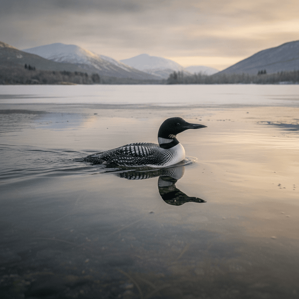 Una Strolaga maggiore che nuota elegantemente sulla superficie di un lago calmo e limpido in inverno, con montagne innevate sullo sfondo e luce diffusa.