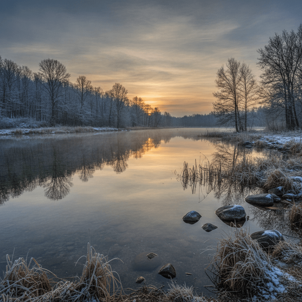 Un paesaggio invernale di un grande lago italiano, con acque limpide che riflettono il cielo e una vegetazione rada sulle rive, evocando un habitat adatto agli uccelli acquatici.