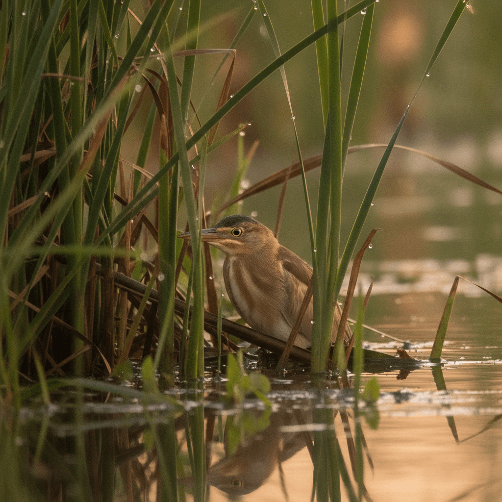 Un Tarabusino (Ixobrychus minutus) mimetizzato tra le fitte canne di una palude all'alba, con lo sguardo attento.